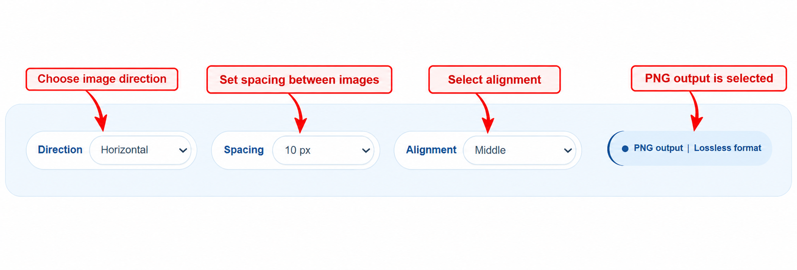 Choose horizontal or vertical direction and adjust spacing and alignment for a combined PNG