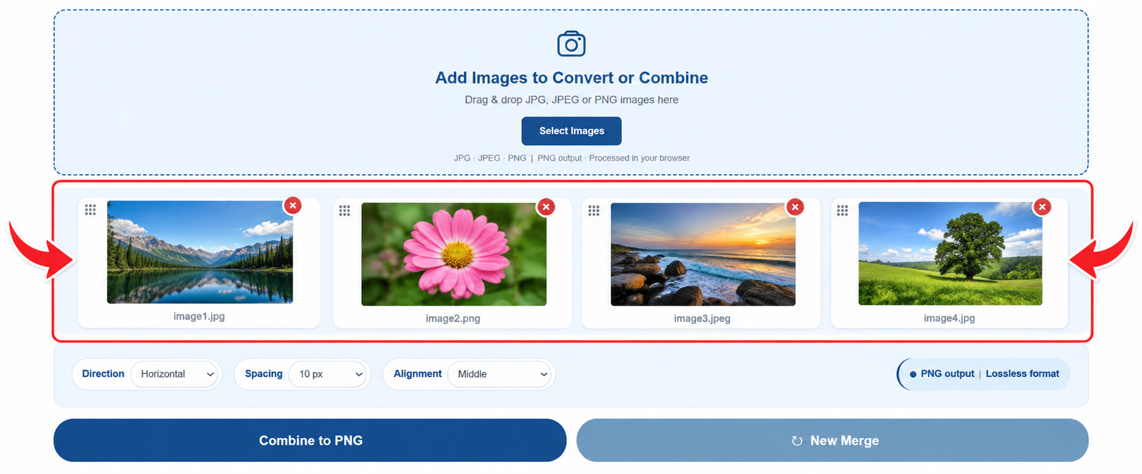Preview and arrange uploaded JPG JPEG and PNG images before combining