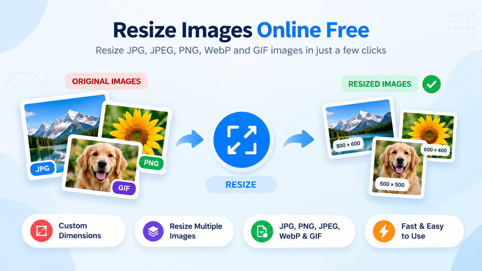 Resize Images online free using an online image resizer for JPG, PNG, JPEG, WebP, and GIF images